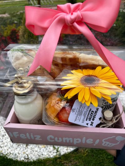 POCIÓN DE EXITO  :Yogur griego artesanal con salsa de fruta-jugo de naranja- sándwich de jamón y queso en pan árabe-galleta de avena- alfajor-posillo con hermoso mensaje y gerbera natural en su interior-   Wafles con salsa de chocolate (en frasco de vidrio con poción de éxito mensaje simbólico de éxito)